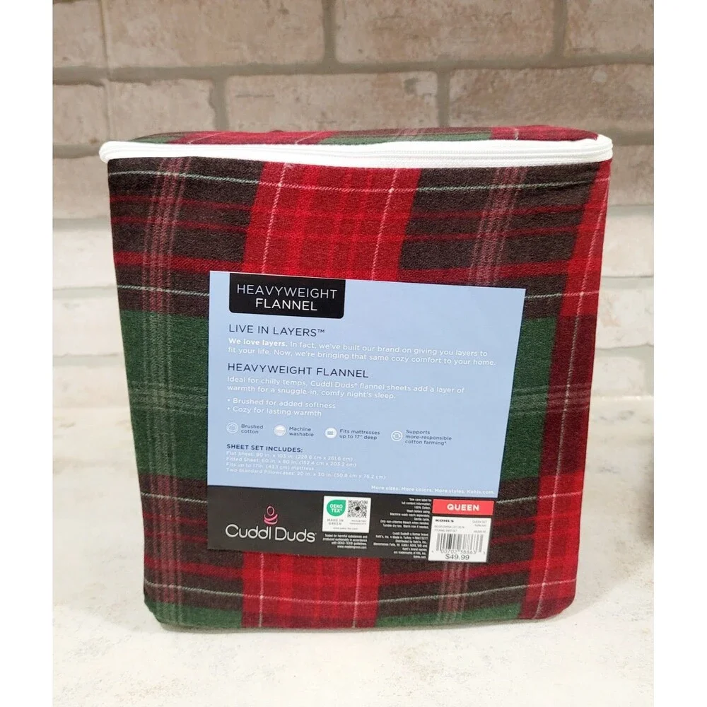 Cuddl Duds Heavyweight Cotton Flannel QUEEN Sheet Set Deep Fit Holiday Plaid